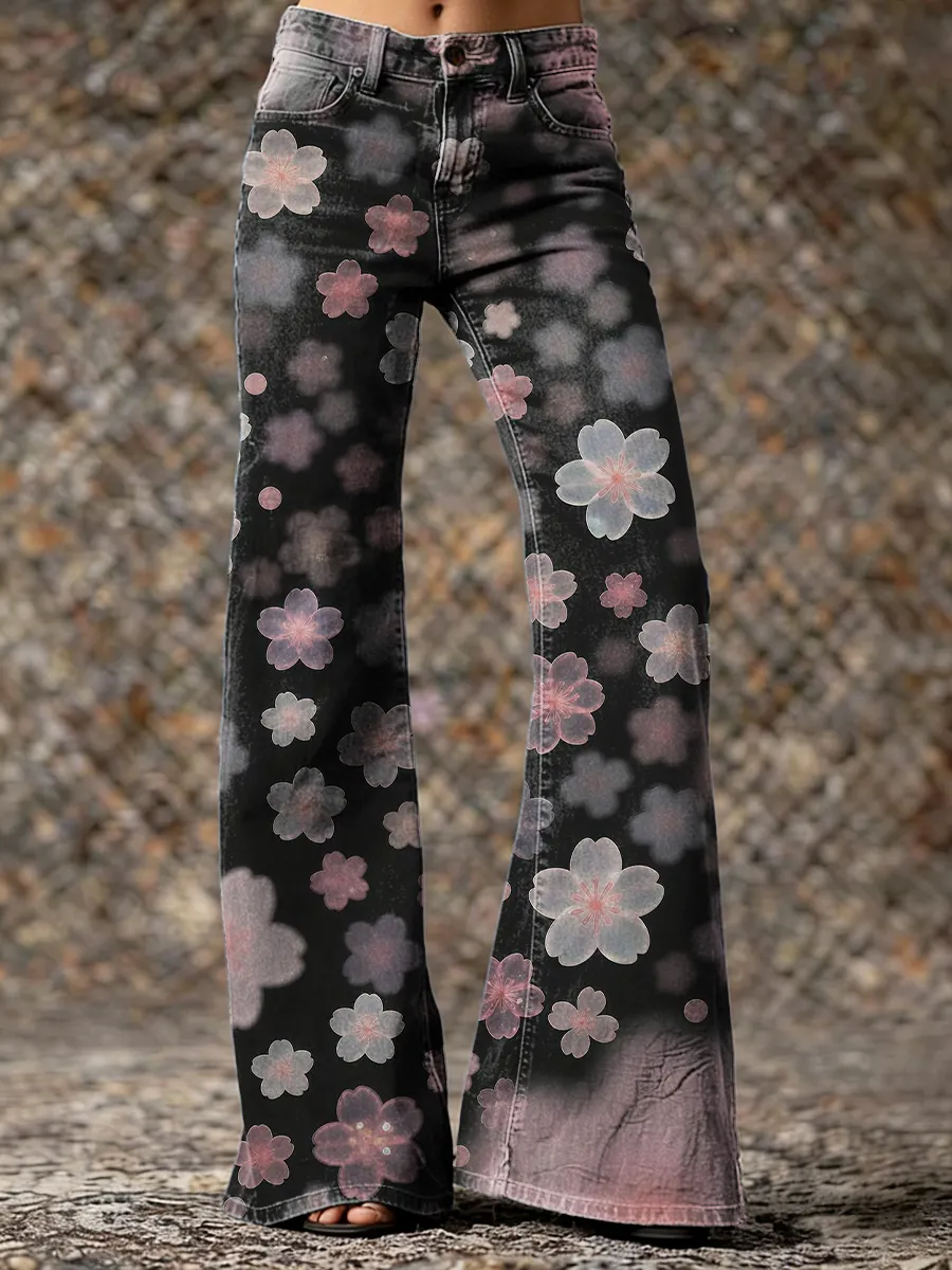 Vintage Black Gradient Floral Art Printed Casual Slim Denim Wide Leg Pants
