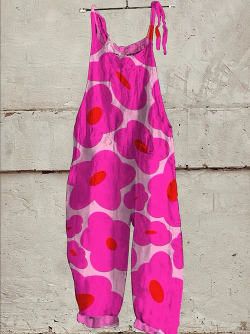 Vibrant Pink Floral Pattern Printed Women's Casual Wide-Leg Jumpsuit