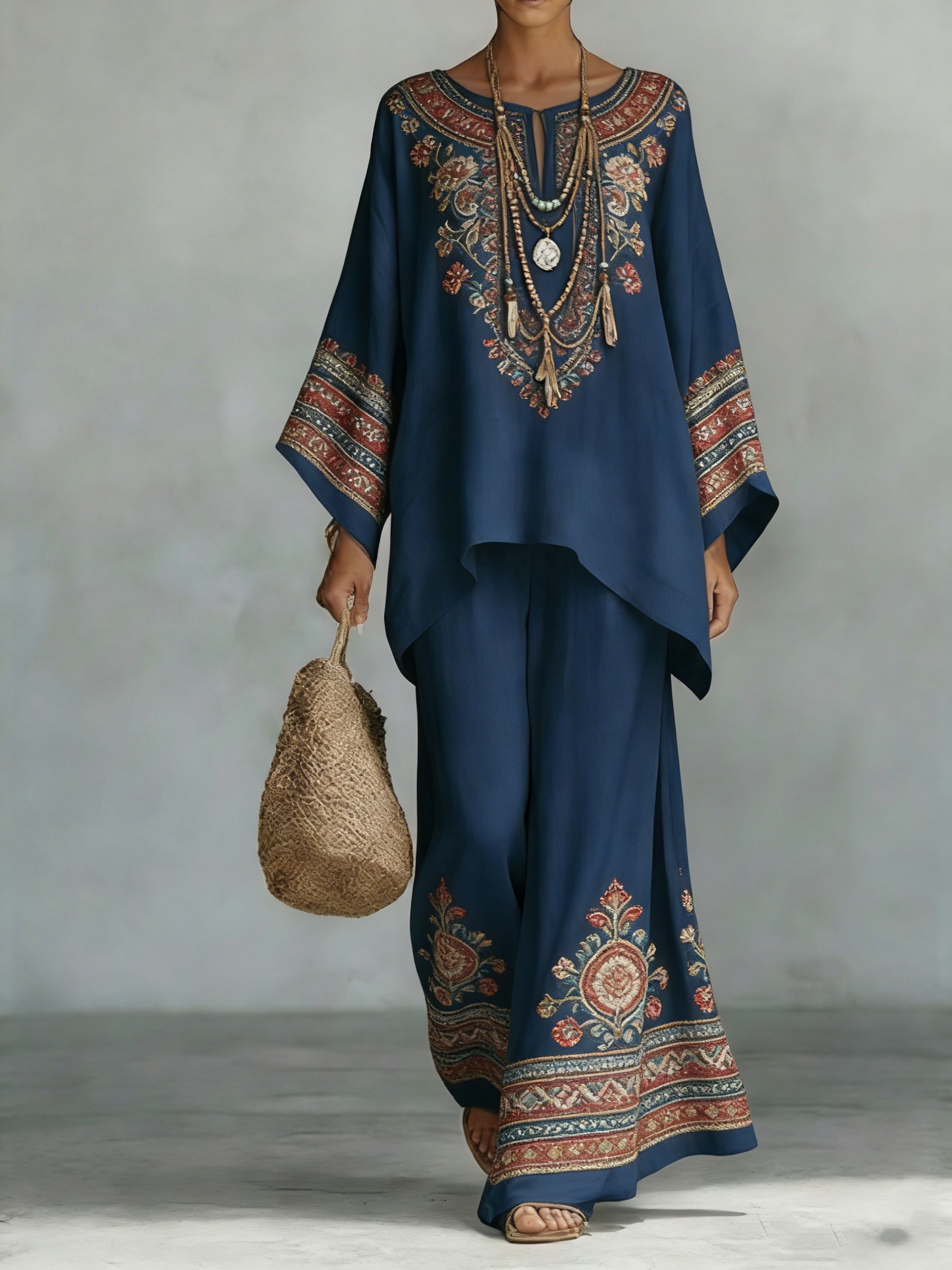 Comfortable & loose print pattern cotton & linen wide-leg pants two-piece set