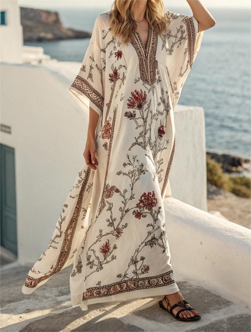 Contton & Linen Long-Sleeve Kaftan Maxi Dress