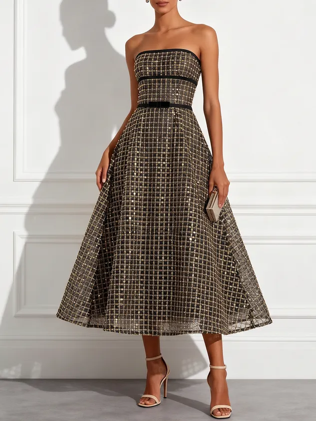 Champagne Glitter Strapless Sleeveless A-Line Midi Dress