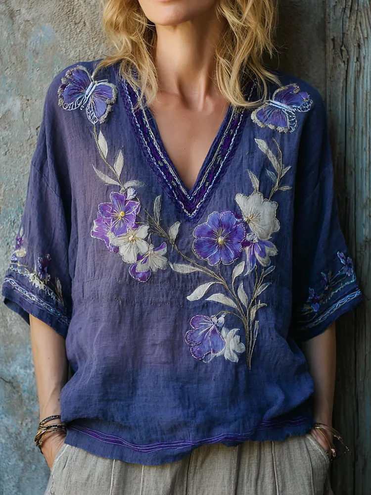 Women's Vintage Floral Embroidery Art V Neck Comfy T-shirt