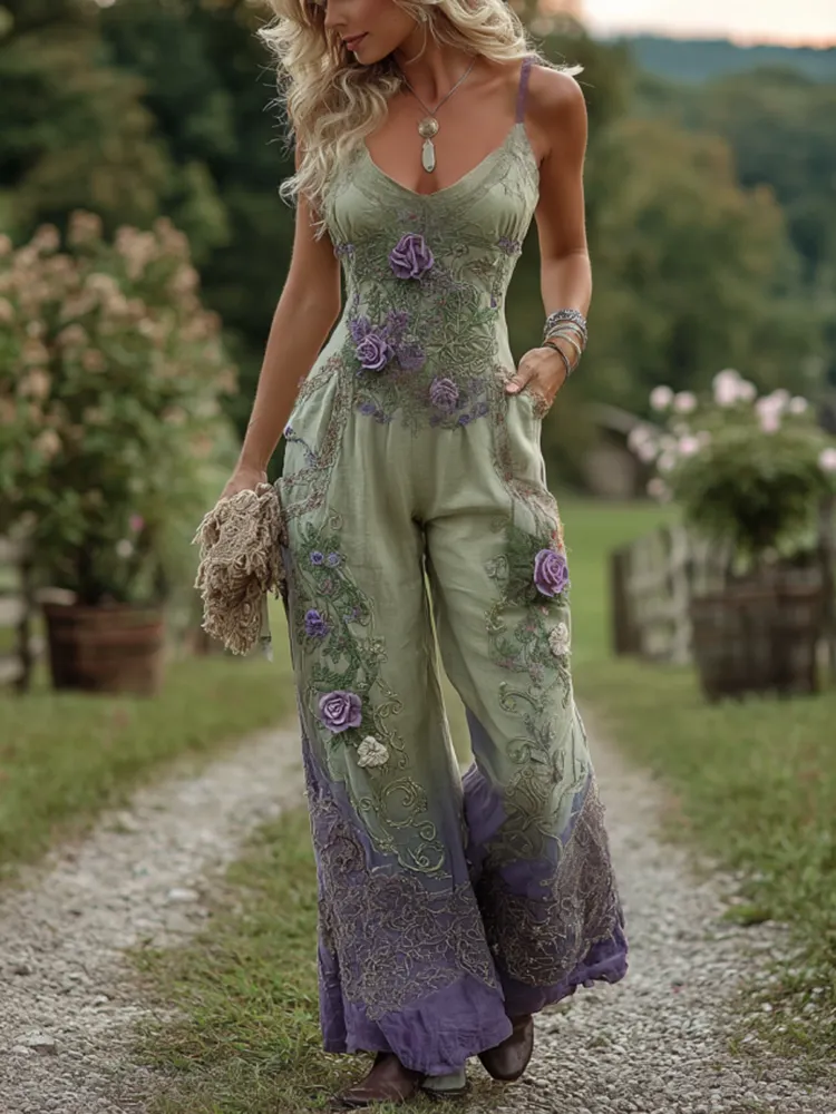 Vintage Classy Gradient Purple Lavender And Floral Embroidered Pattern Art Cotton Jumpsuit