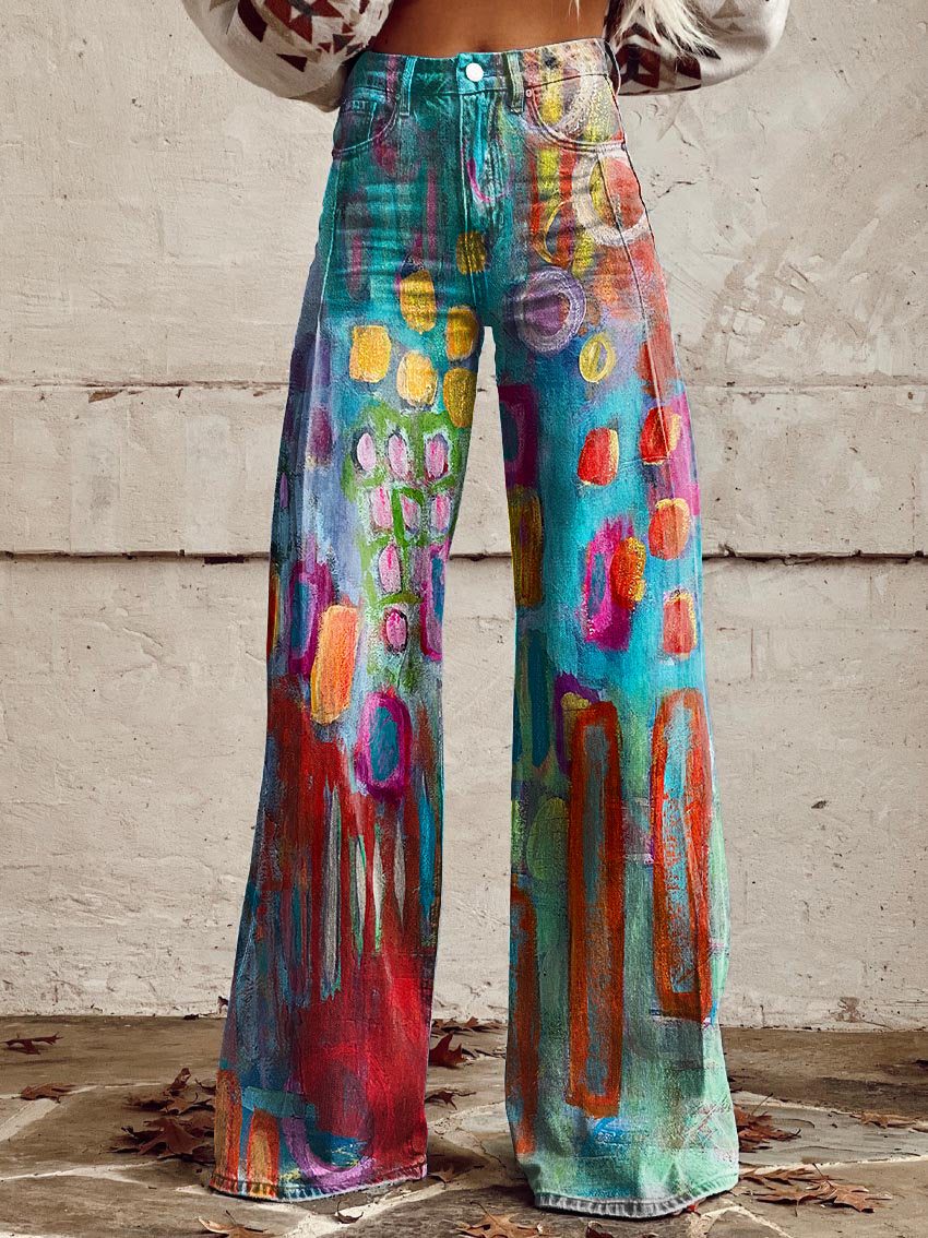 Retro Geometric Abstract Art Print Wide-Leg Pants