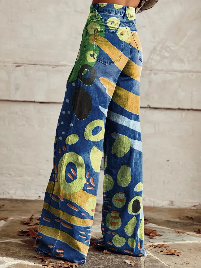 Vintage Print Casual Wide-Leg Pants