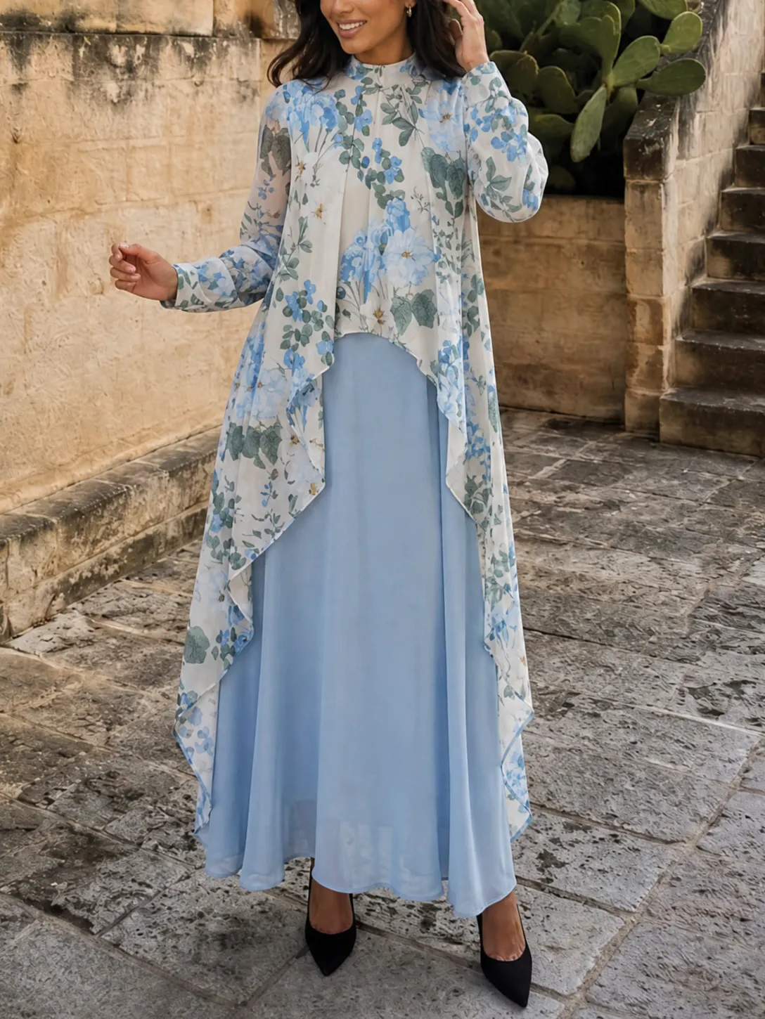 Light Blue Mock Neck Floral Two-Piece Maxi Dress