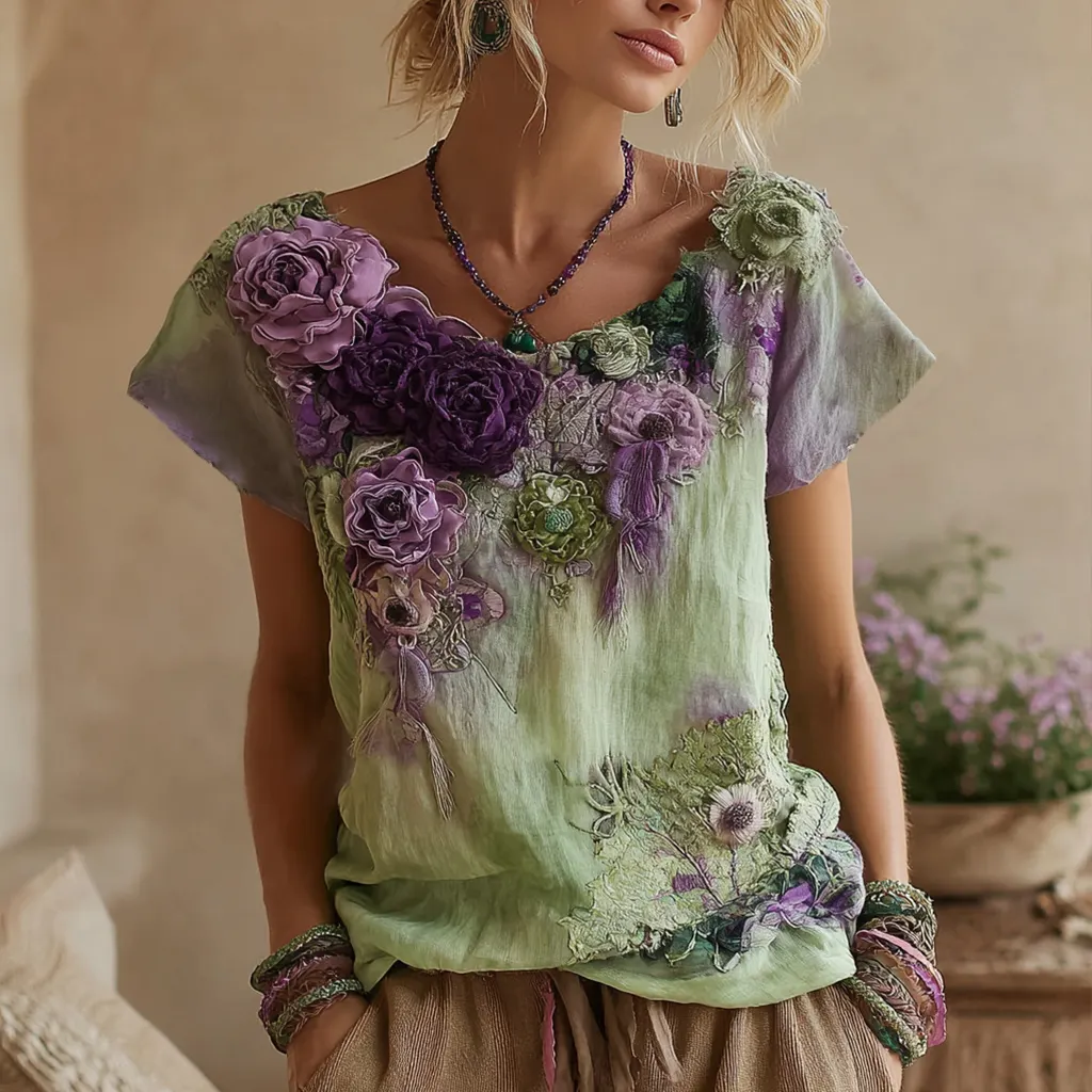 Vintage Boho Purple Floral Embroidered Short Sleeve T-shirt