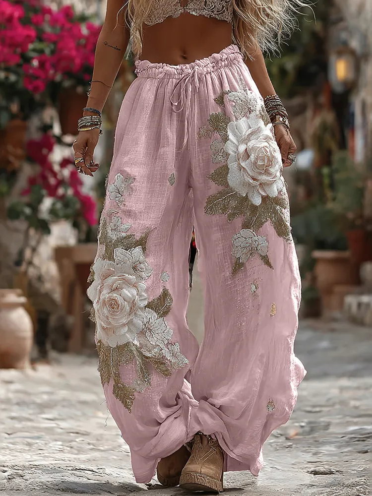 Women's Vintage Romantic White Rose Embroidery Art Comfy Linen Pants