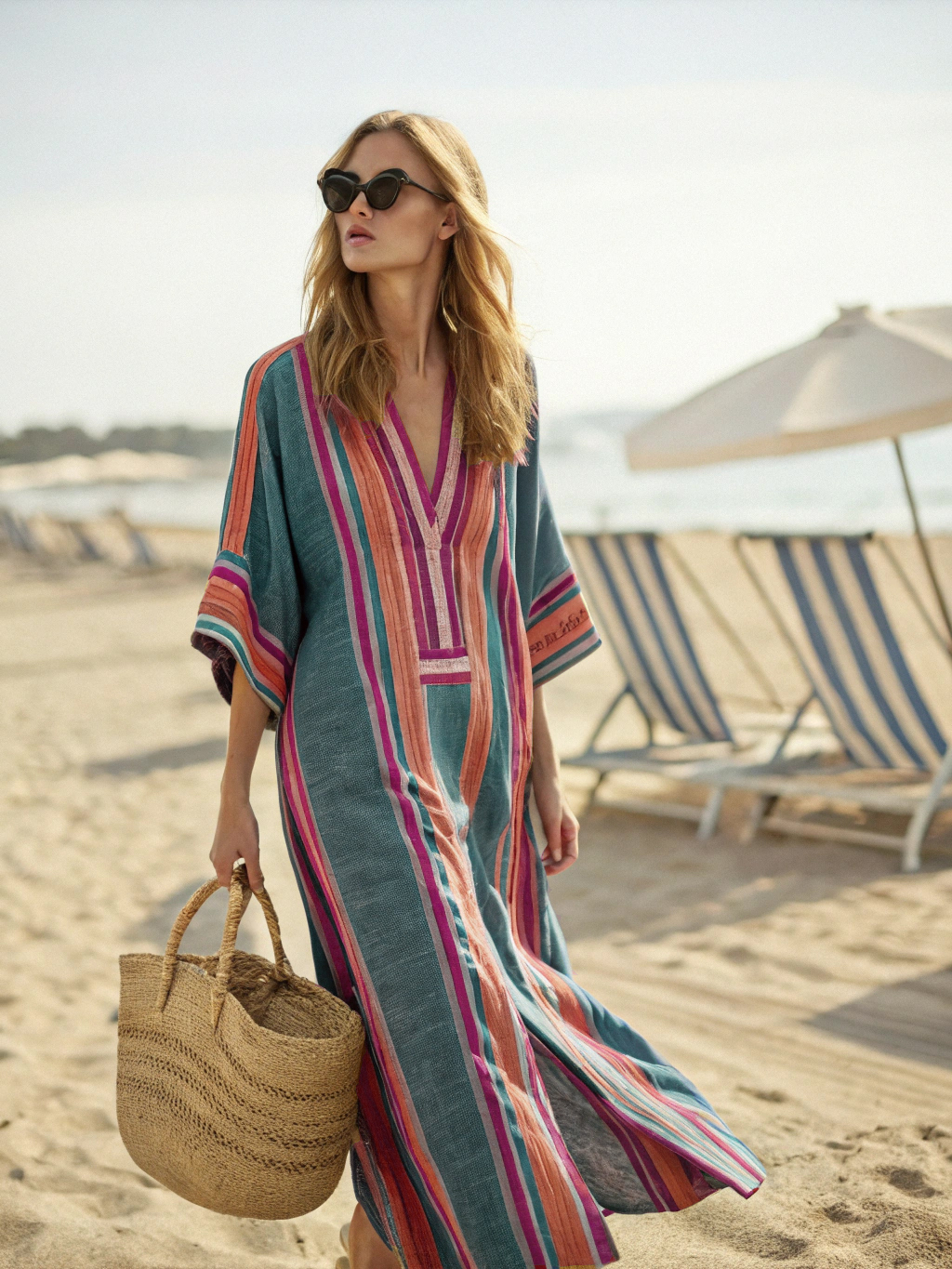 Contton & Linen Long-Sleeve Kaftan Maxi Dress