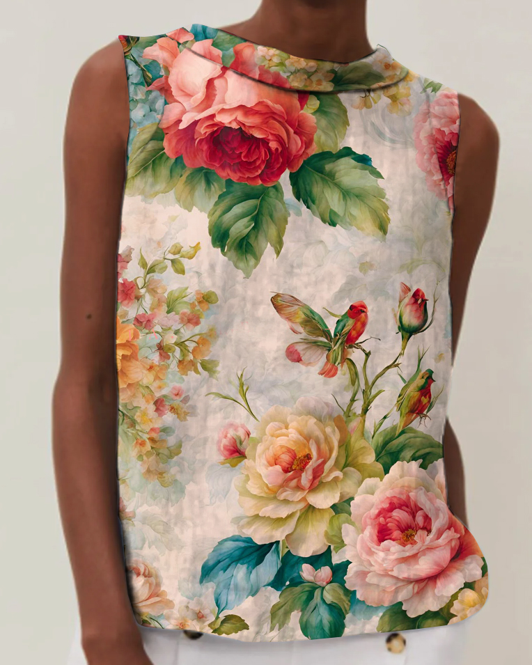 Vintage Floral Print Cotton & Linen Round Neck Sleeveless Top
