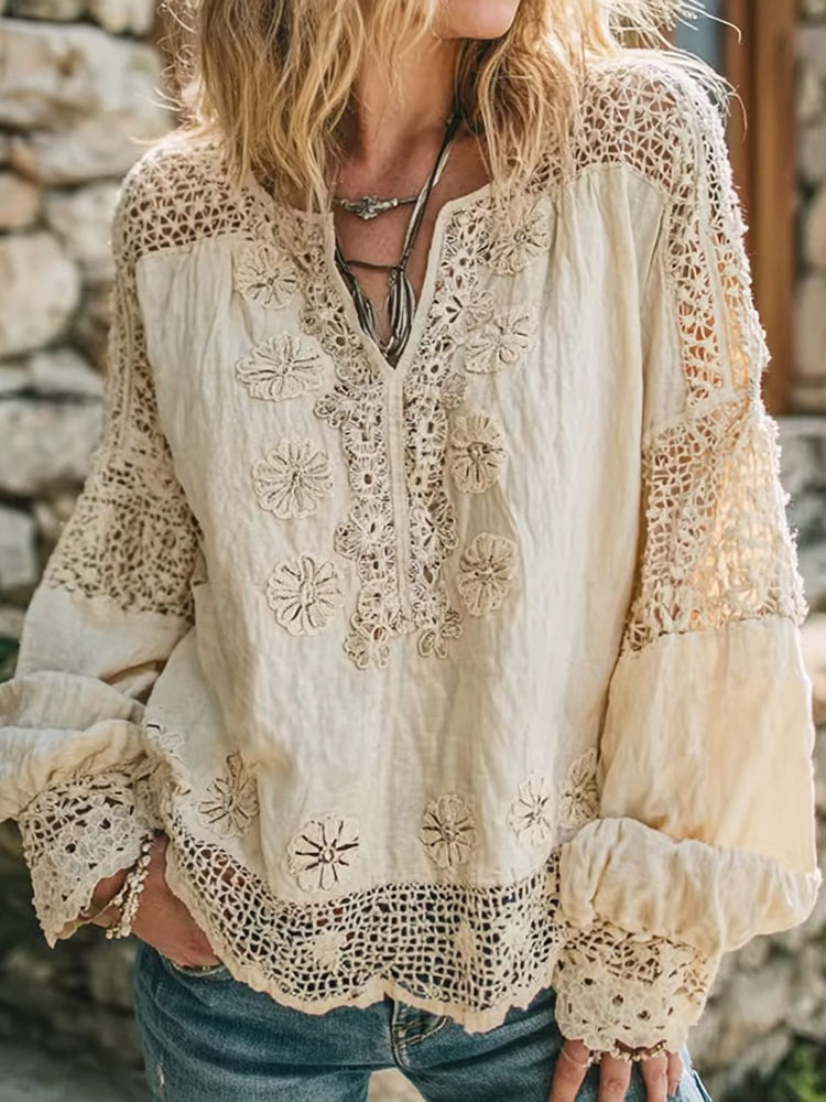Women's Retro Floral Lace Embroidery Art V-neck Shirt