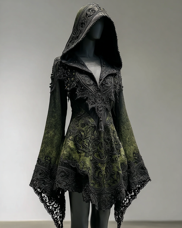 Boho Witch Gradient Bat Embroidered Lace Patchwork Hooded Evening Dress 7e43