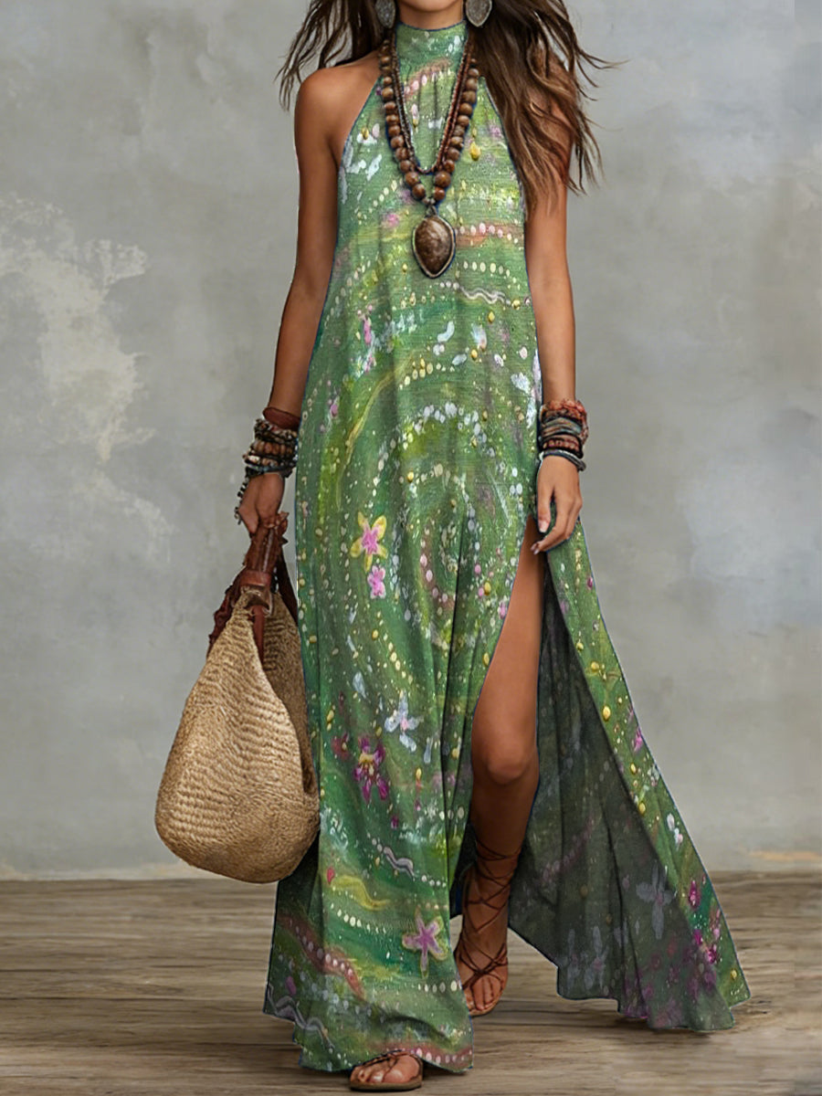 Bohemian Print Halter Side-Slit Maxi Dress