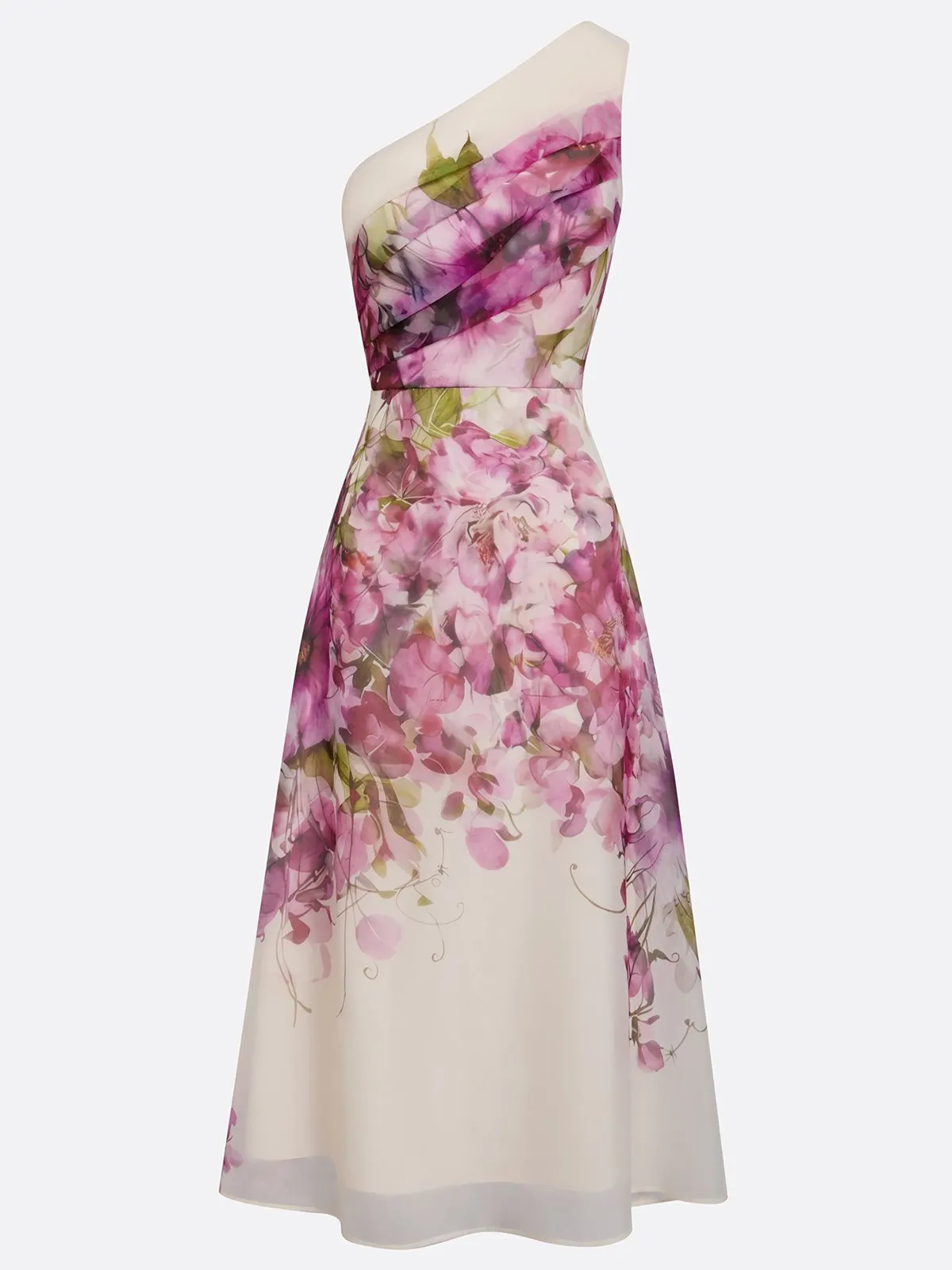 Purple Floral Ruched Tulle One-Shoulder Sleeveless A-Line Midi Dress