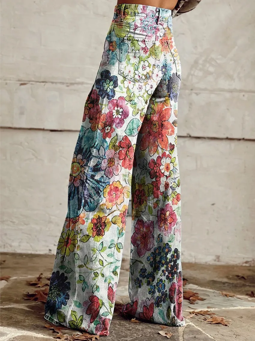 Vintage Flower Print Casual Wide-Leg Pants