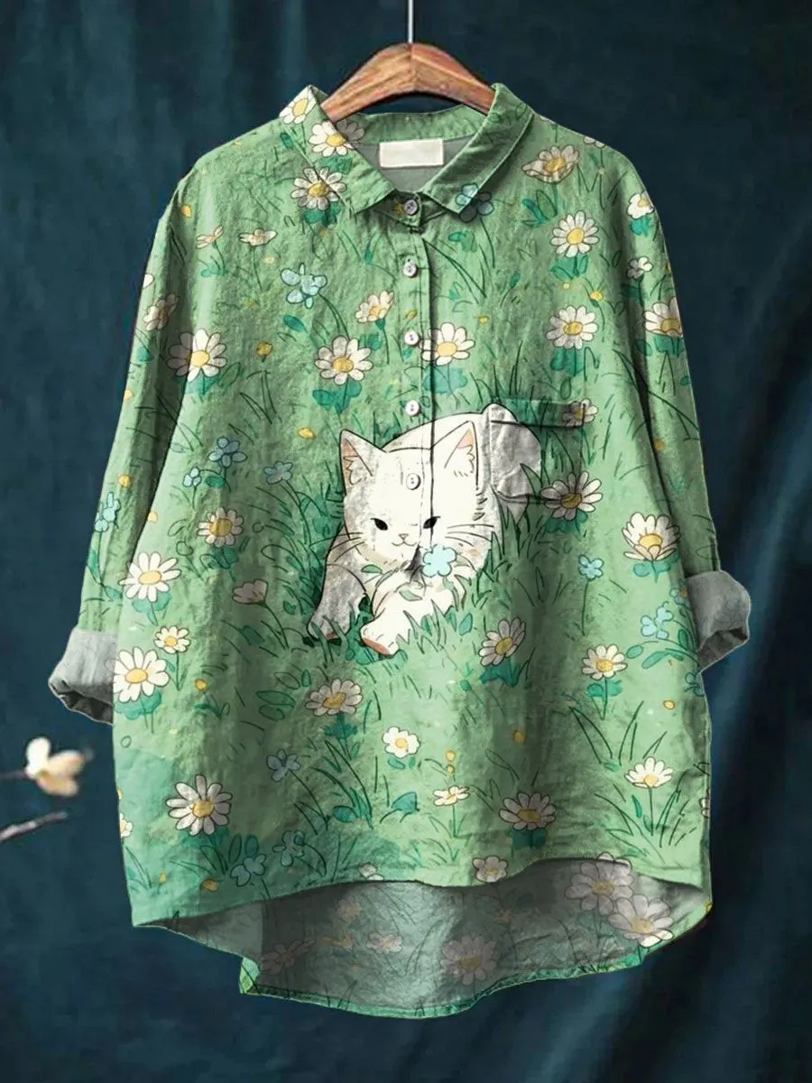 Lovely Cat Floral Art Print Casual Cotton & Linen Shirt
