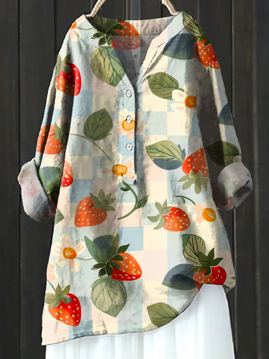Vintage Lovely Strawberry Art Print Casual Cotton & Linen Shirt
