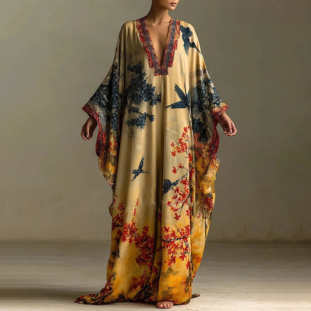 Red Maple Blossom & Bird Art V-neck Kaftan