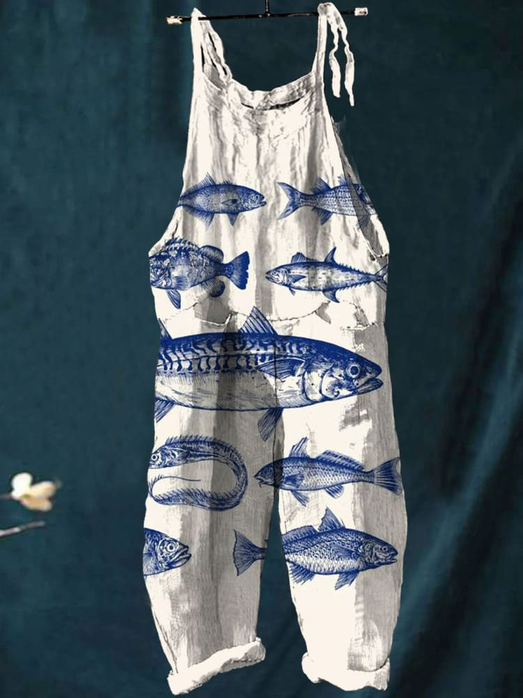 Vintage Lovely Fish Art Print Casual Wide-Leg Jumpsuit