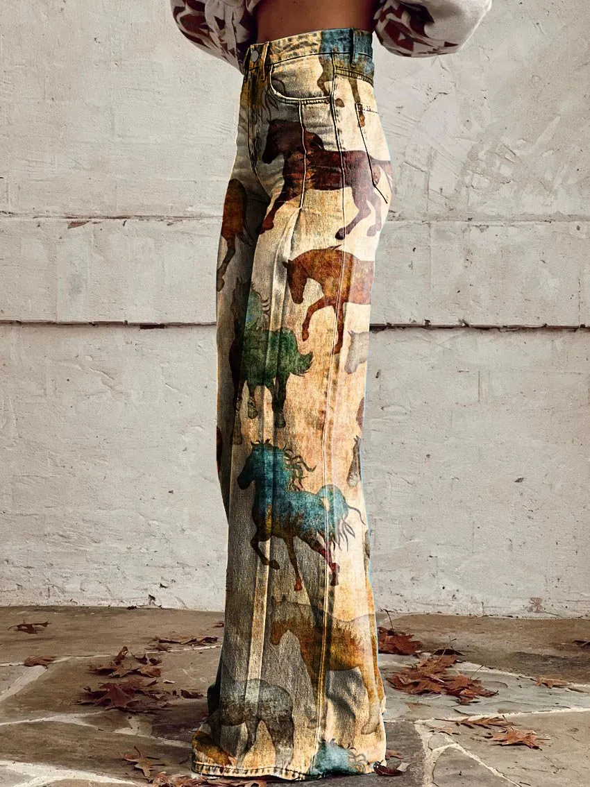 Retro Horse Print Casual Wide-Leg Pants