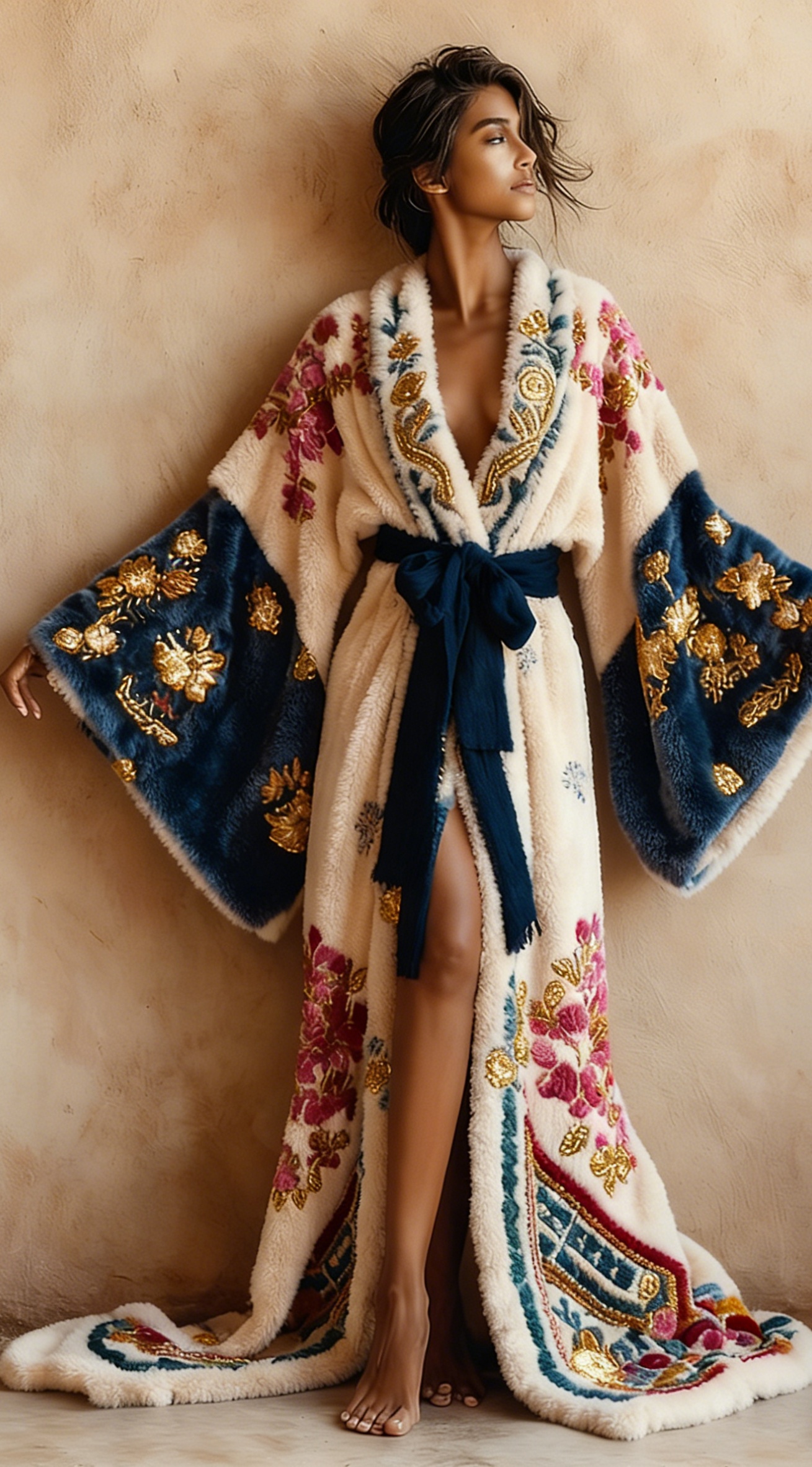 Abstract  Art Print Kimono Long Gown Autumn and Winter Robe With Belt