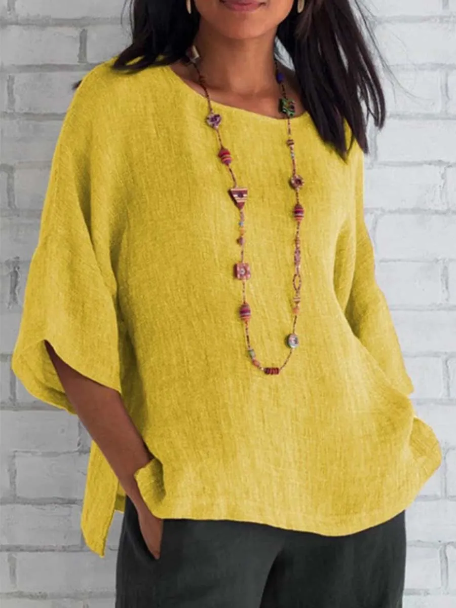 3/4 Sleeve Round Neck Cotton & Linen T-Shirt
