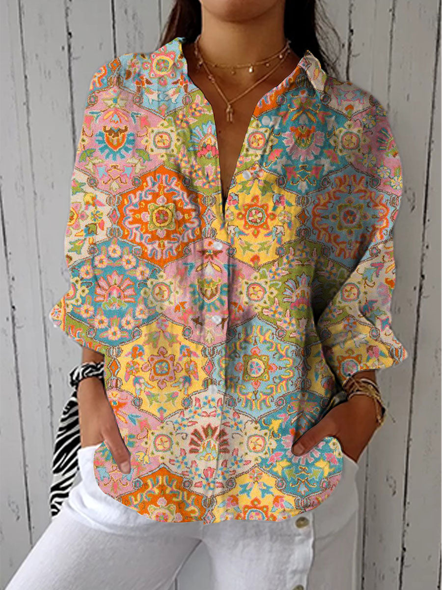 Vintage Ethnic Art Patterns Print Casual Linen V-neck Shirt