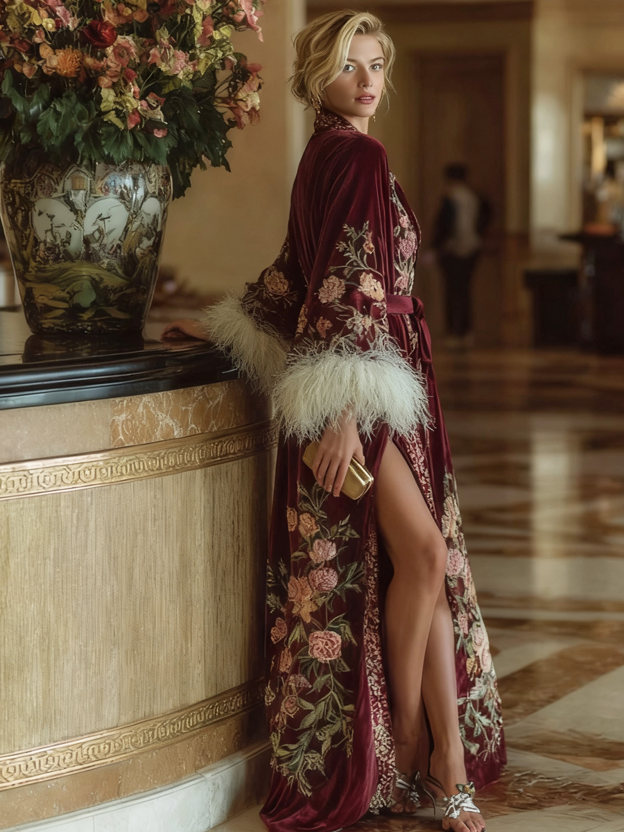 Artistic floral print plush kimono robe, autumn/winter long robe with sash