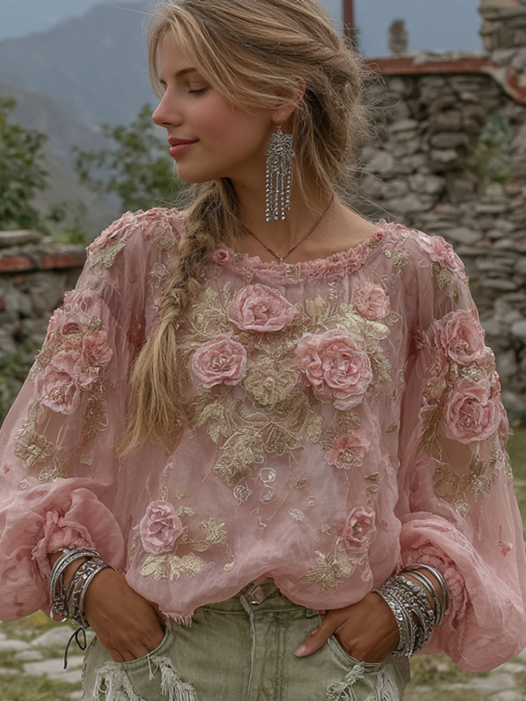 Elegant Boho Pink Roses Embroidered Cozy Tunic