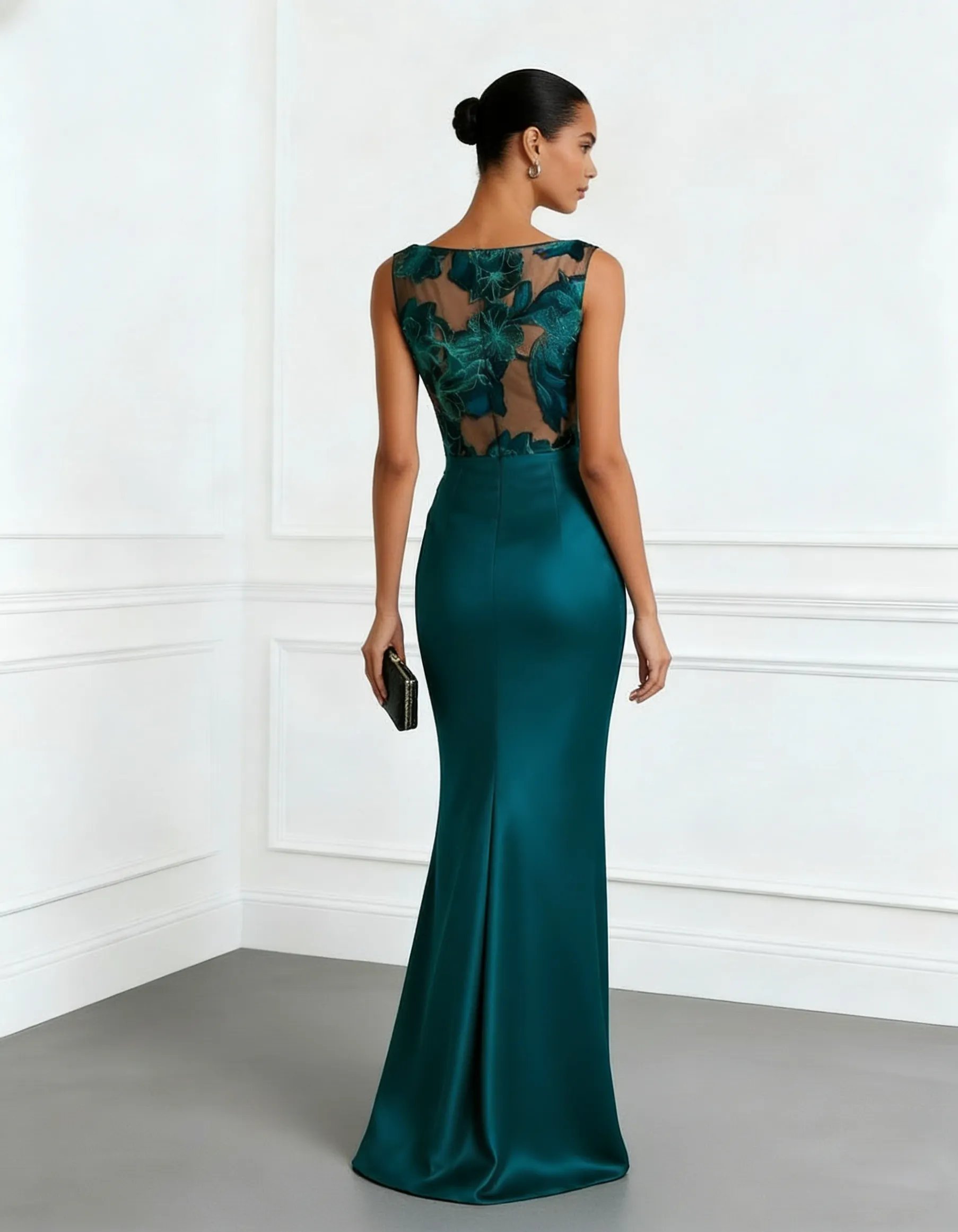 Cyan Jacquard Ruched Satin Boat Neck Sleeveless Sheath Floor-length Gown