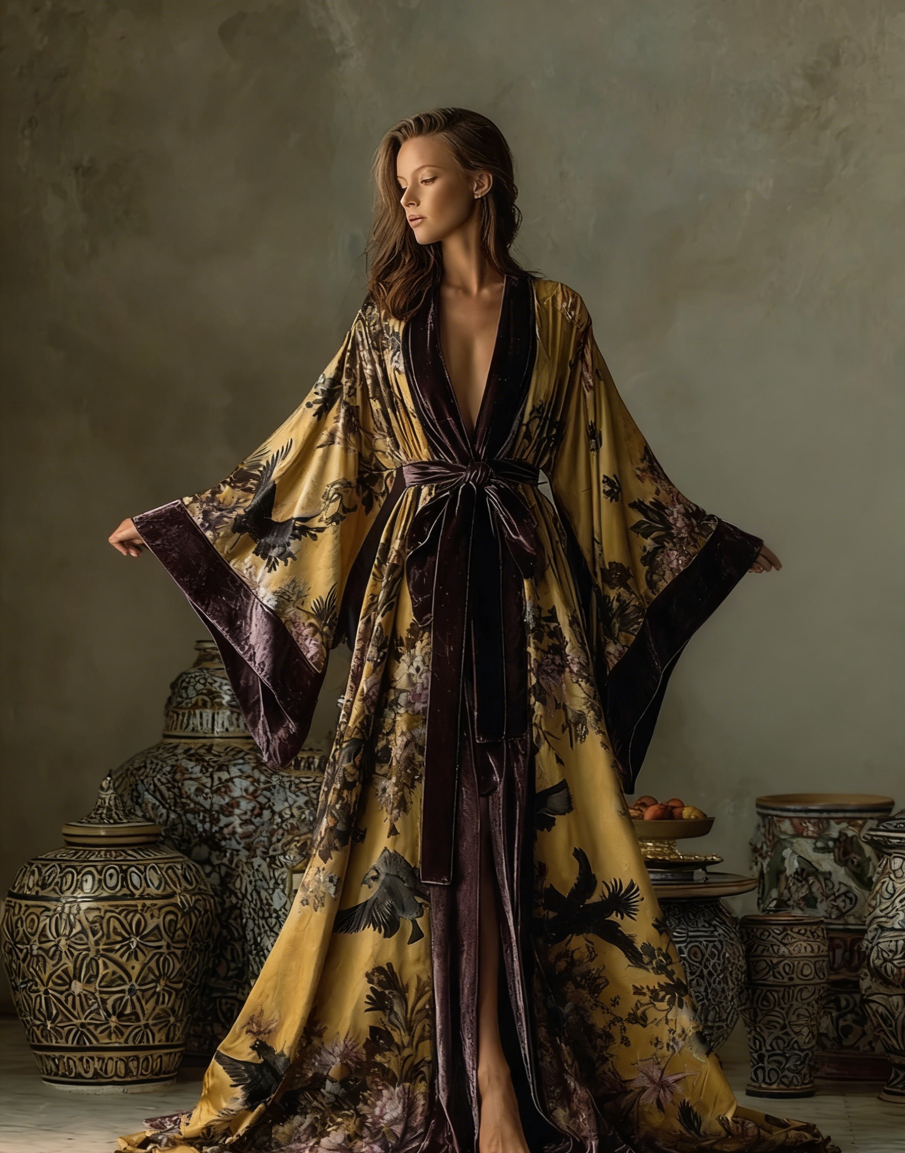 Women's Retro Fit Yellow Velvet Robe (belt Included)