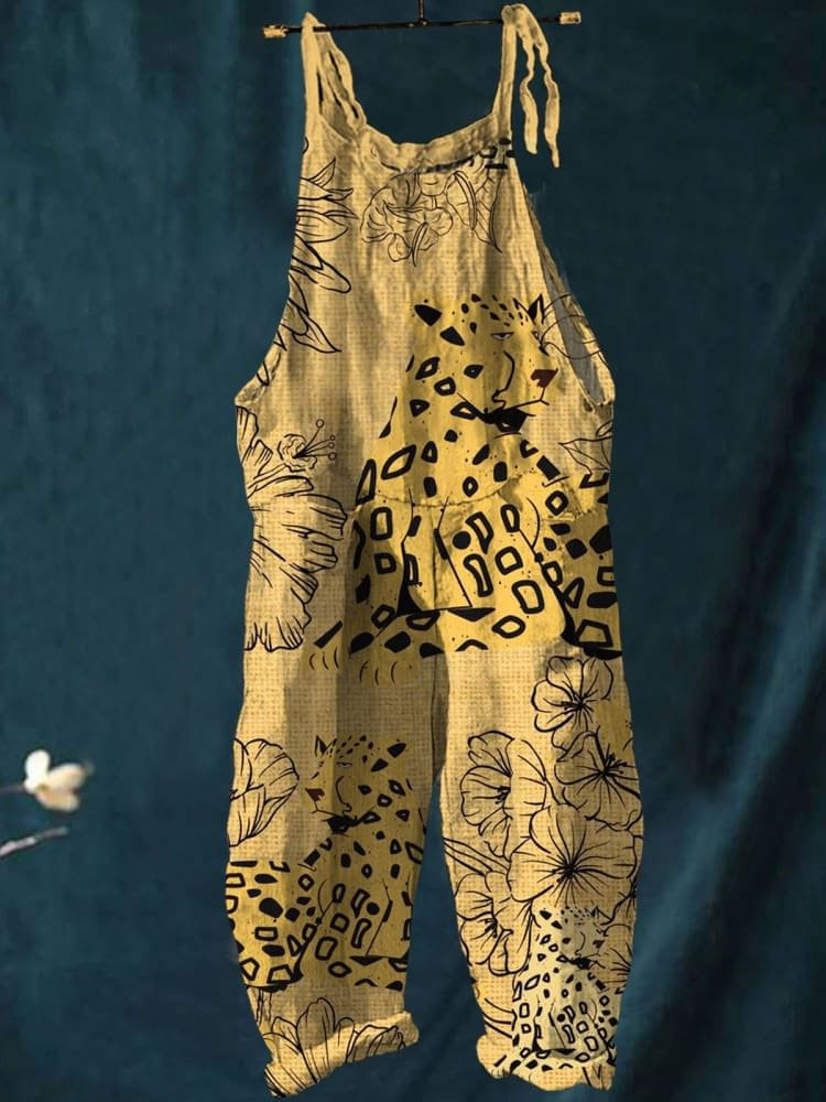 Vintage Lovely Floral Leopard Art Print Casual Wide-Leg Jumpsuit