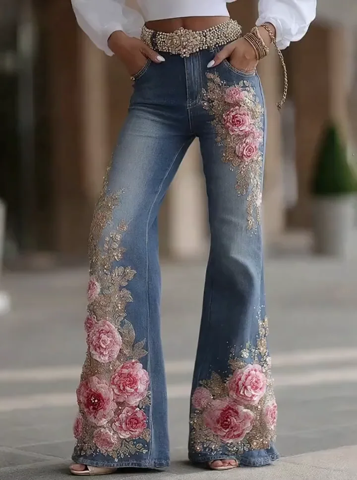 Retro Bohemian Floral Art Print Casual Pants
