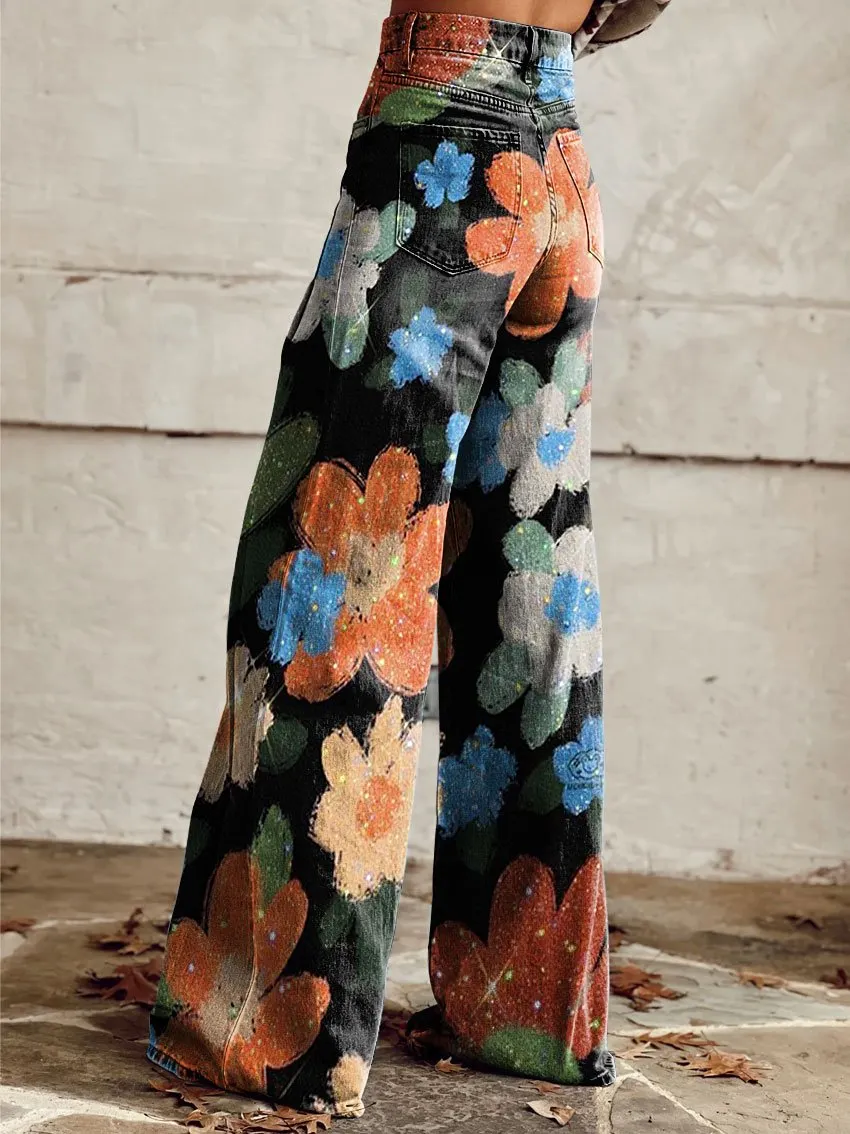 Vintage Western Cowboy Wild Print Casual Wide-Leg Pants
