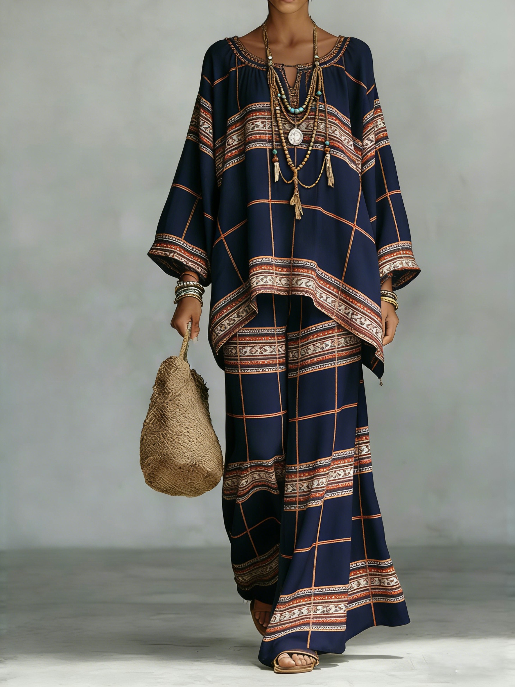Comfortable & loose print pattern cotton & linen wide-leg pants two-piece set