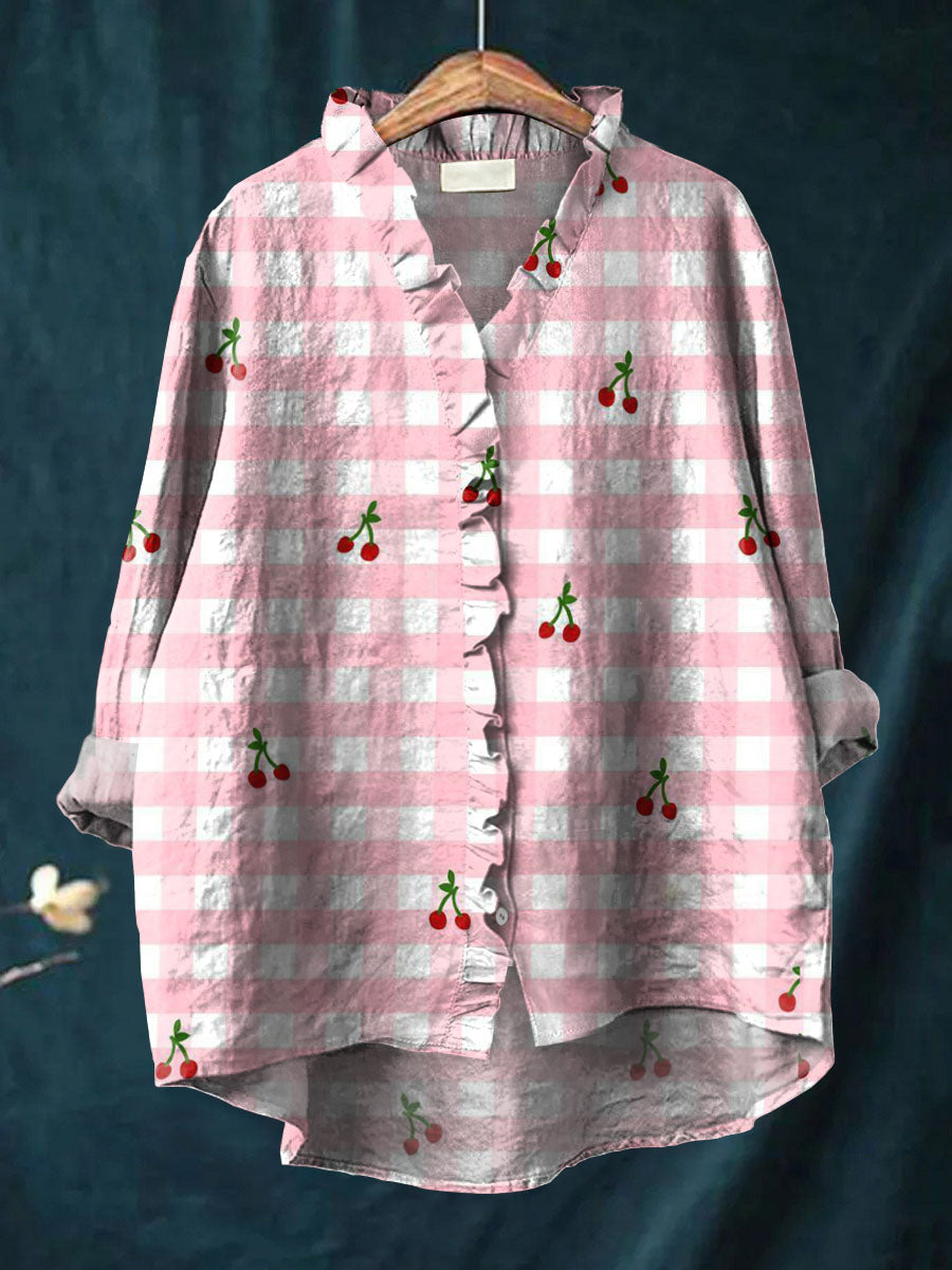 Lovely Cherry Plaid Pattern Art Print Casual Cotton & Linen Ruffle Shirt