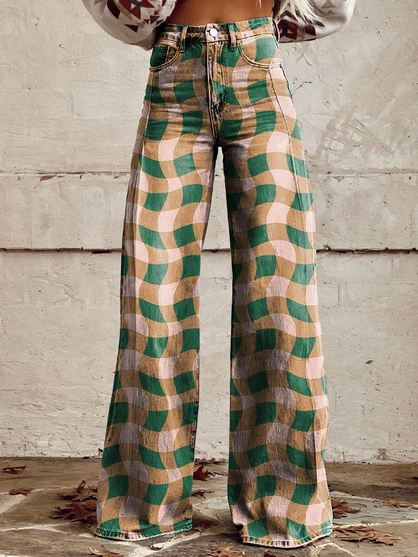 Yellow & Green Twisted Stripes Print Casual Wide-Leg Pants