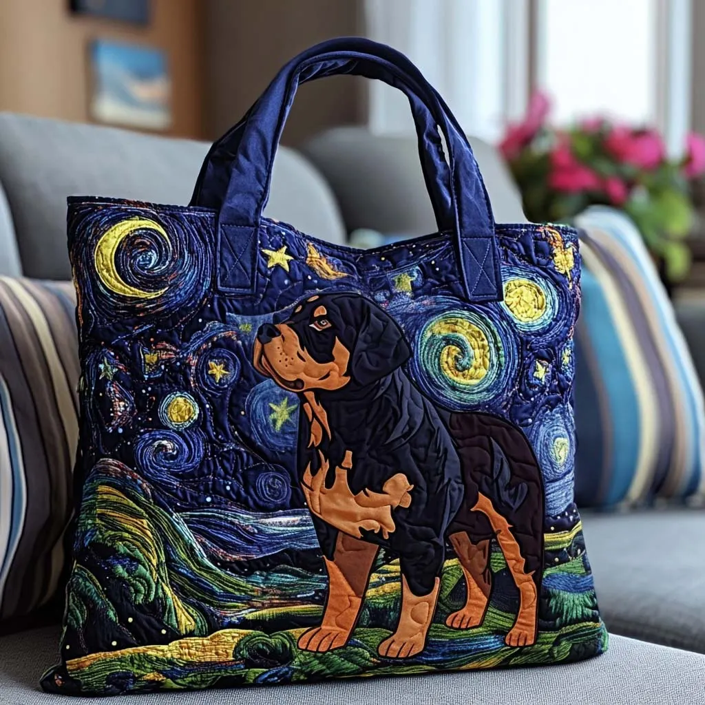 Starry Night Dog Quilted Tote Bag