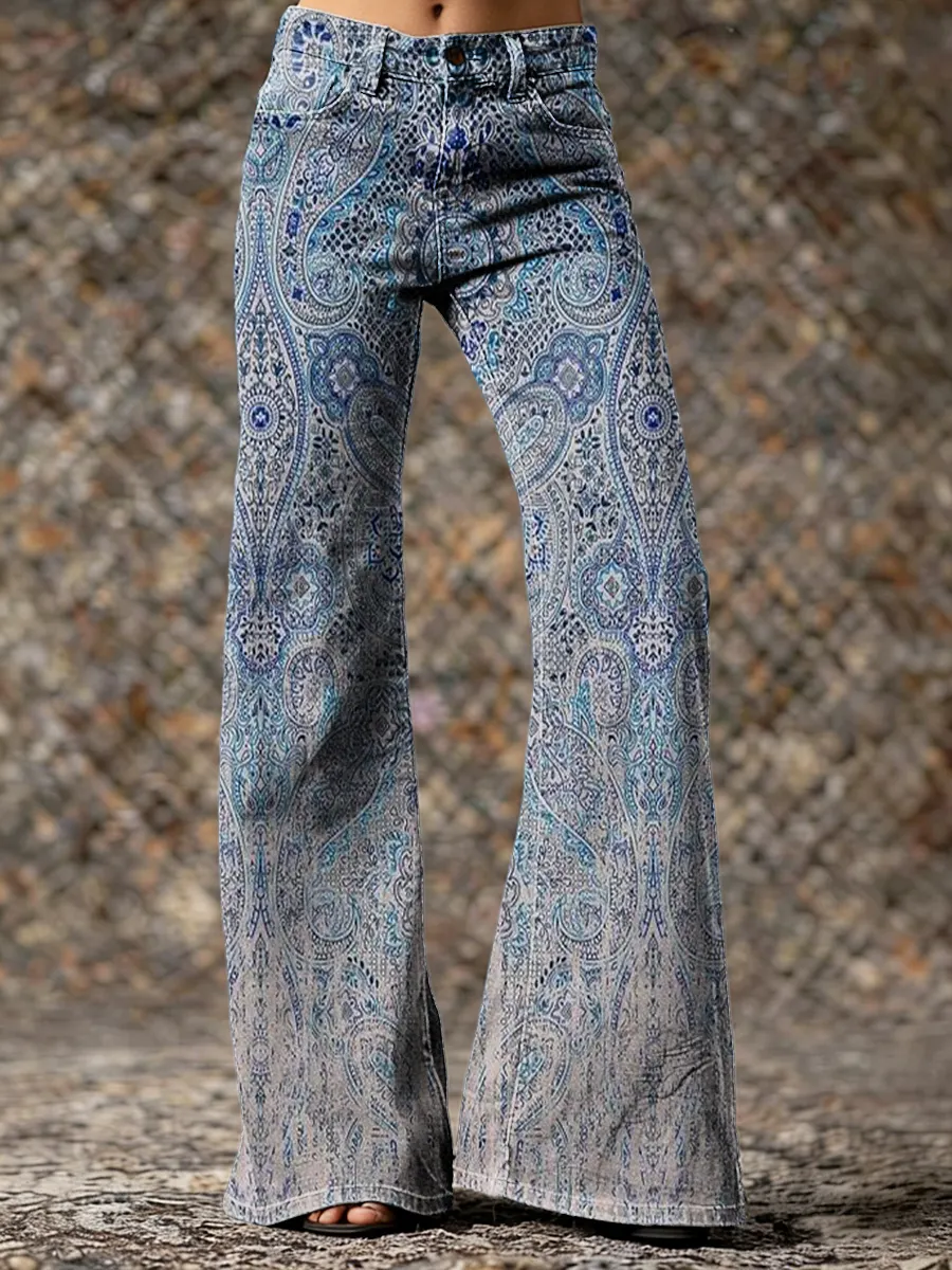 Retro Bohemian Paisley Art Print Casual Washed Cotton Pants