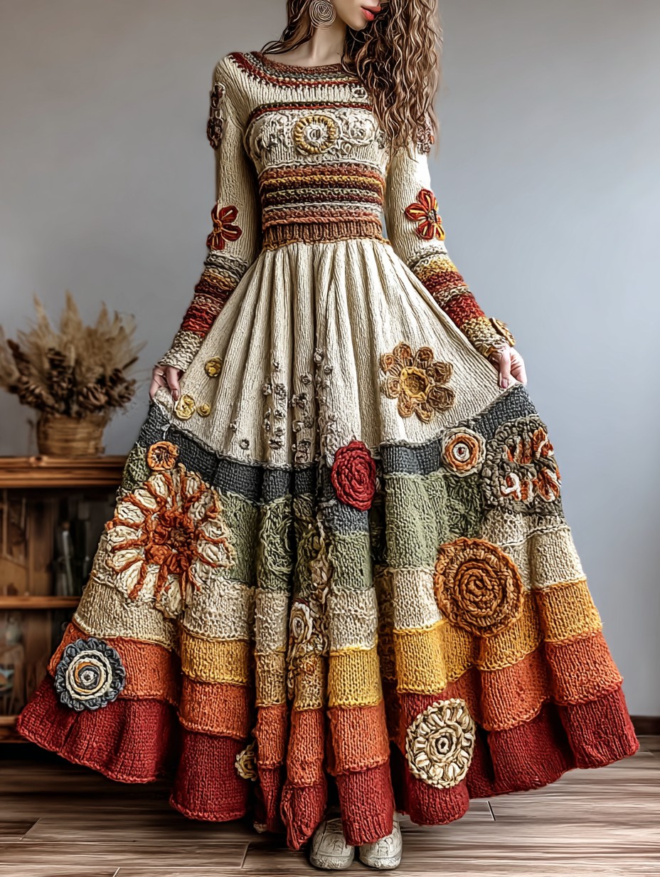 Vintage Floral Crochet Colorblock Cozy Maxi Sweater Dress