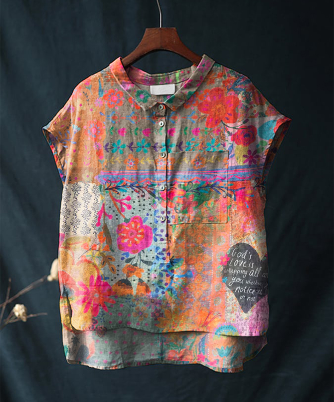 Vintage Floral Print Short-sleeved Cotton & Linen Shirt