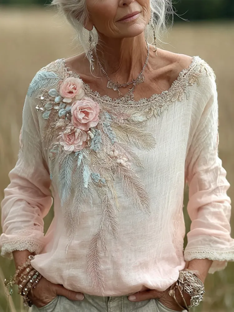 Feather Floral Embroidery Linen Crew Neck T-shirt