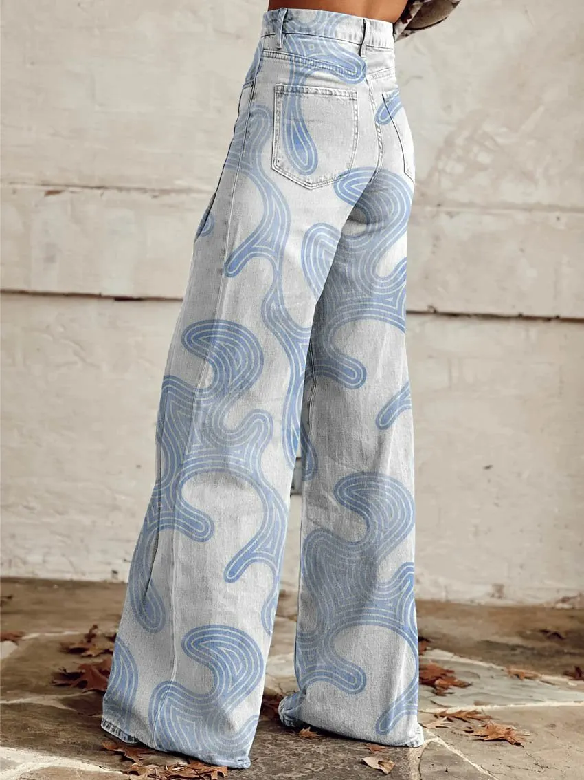 Baby Blue Print Casual Wide-Leg Pants