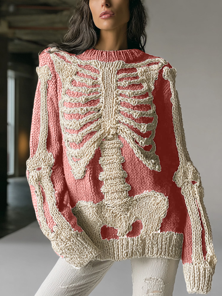 Women's Vintage Halloween Skull Embroidered Sweater