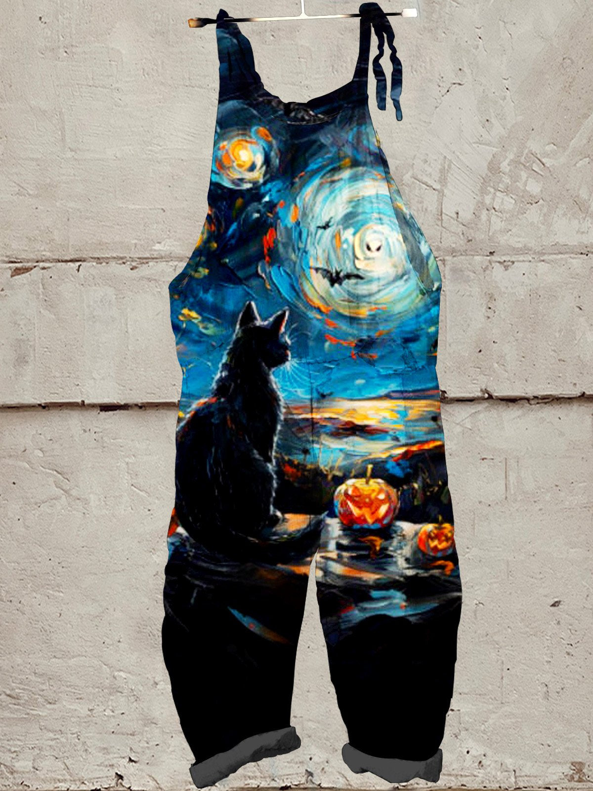 Halloween Cat Art Print Casual Wide-Leg Jumpsuit