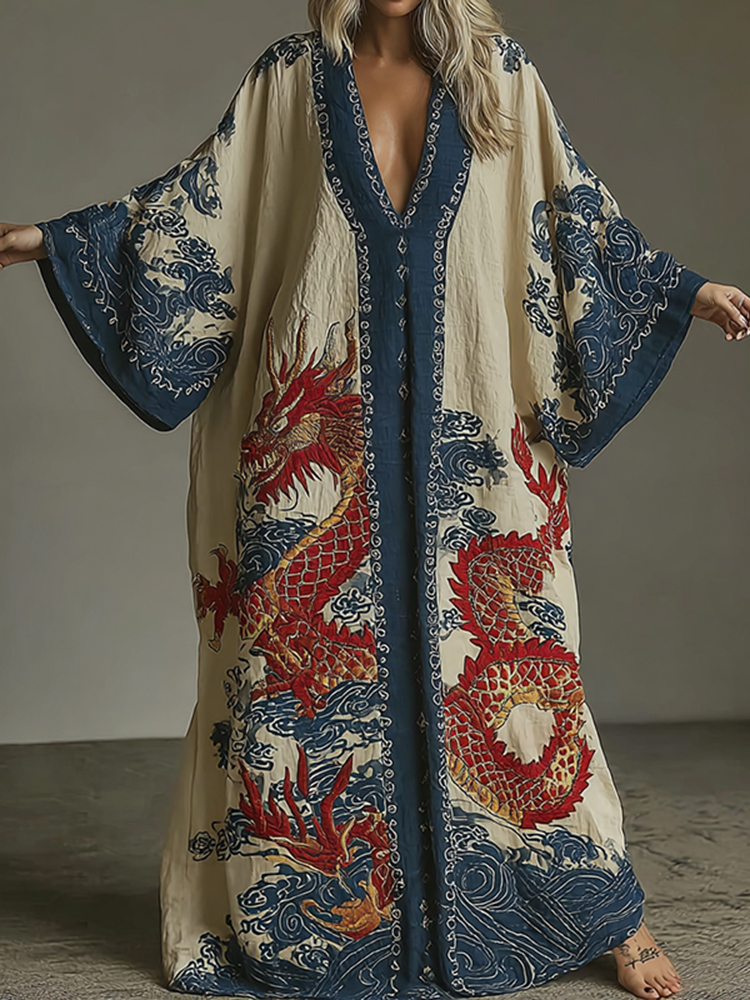 Japanese Dragon Art V-neck Kaftan