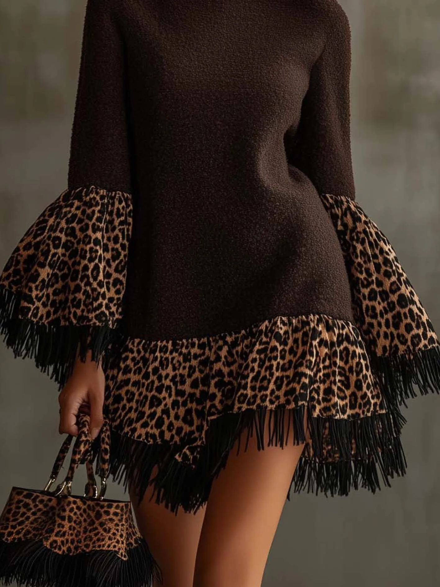 Chocolate Knitted Mini Dress With Leopard Print And Tassels