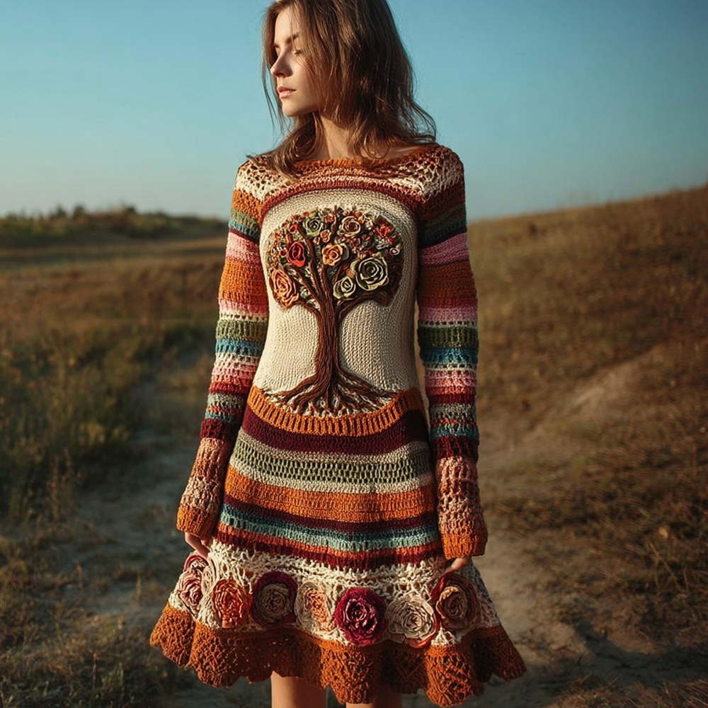 Retro Flower Tree Of Life Crochet Art Midi Sweater Dress