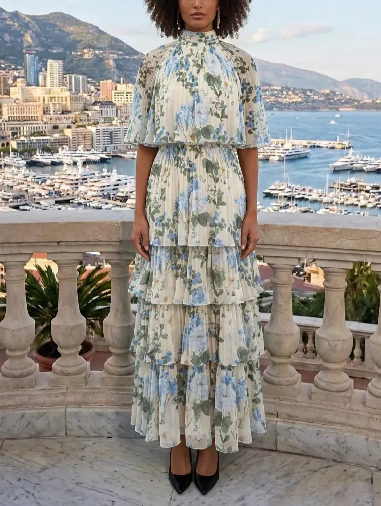 Light Blue Floral Chiffon Mock Neck Short-Sleeve Tiered A-Line Floor-length Gown