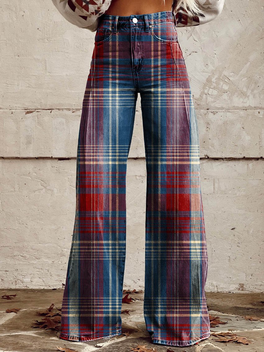 Red & Blue Grid Print Casual Wide-Leg Pants